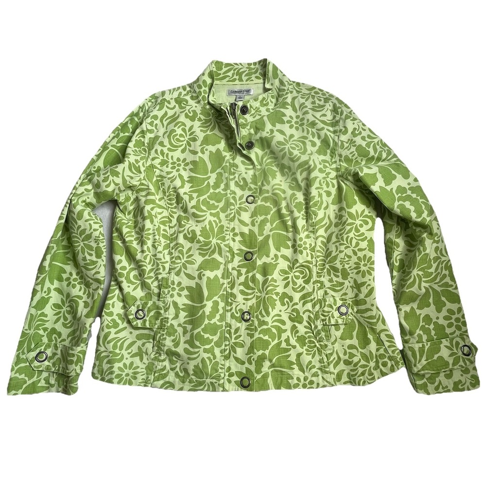 Coldwater Creek Jacket L Heavy Cotton Green Floral Full Zip Coastal Grandma